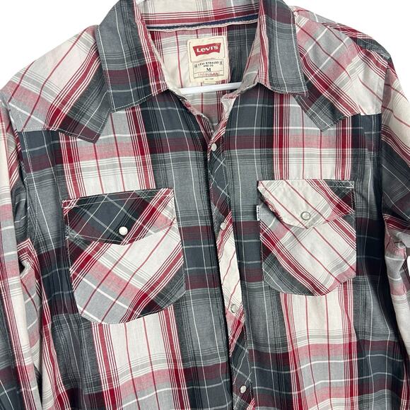 Levi’s Western Snap Shirt Men’s M Plaid Red Gray Long Sleeve Pearl Snap Cowboy - Picture 2 of 8